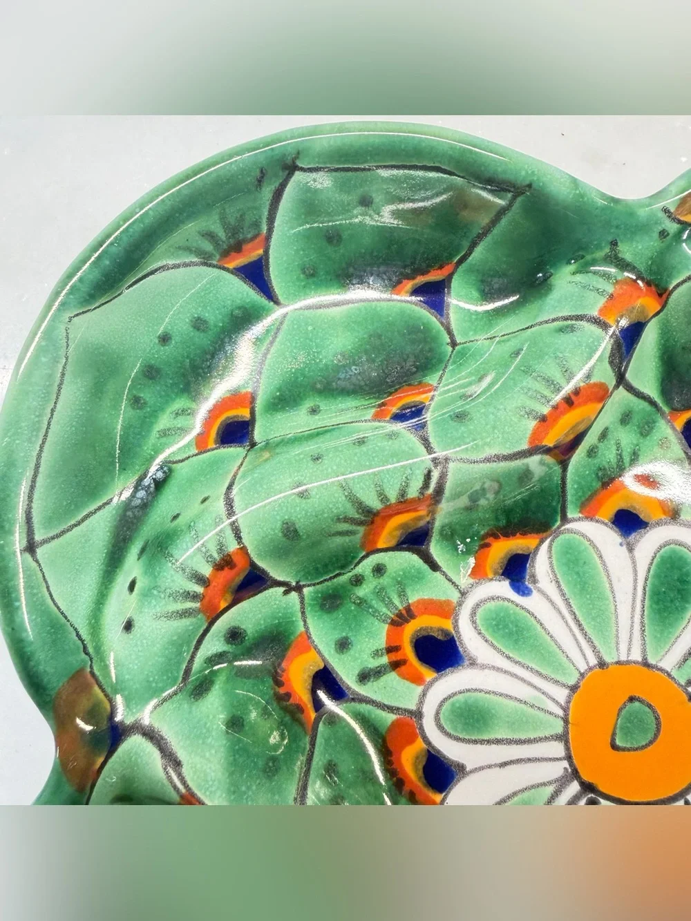 Hand-Painted Green Floral Ceramic Serving Bowl